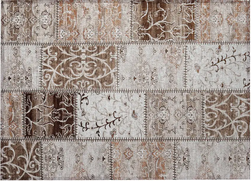 Taupe and Ivory Patchwork Washable Non Skid Indoor Outdoor Area Rug Photo 5