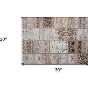 Photo of Taupe and Ivory Patchwork Washable Non Skid Indoor Outdoor Area Rug