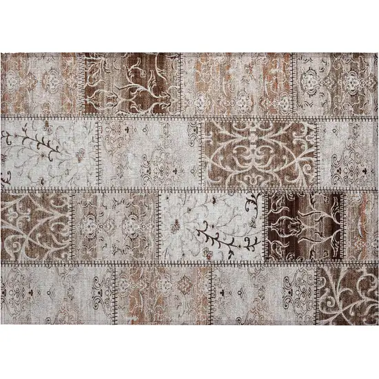 Taupe and Ivory Patchwork Washable Non Skid Indoor Outdoor Area Rug Photo 2