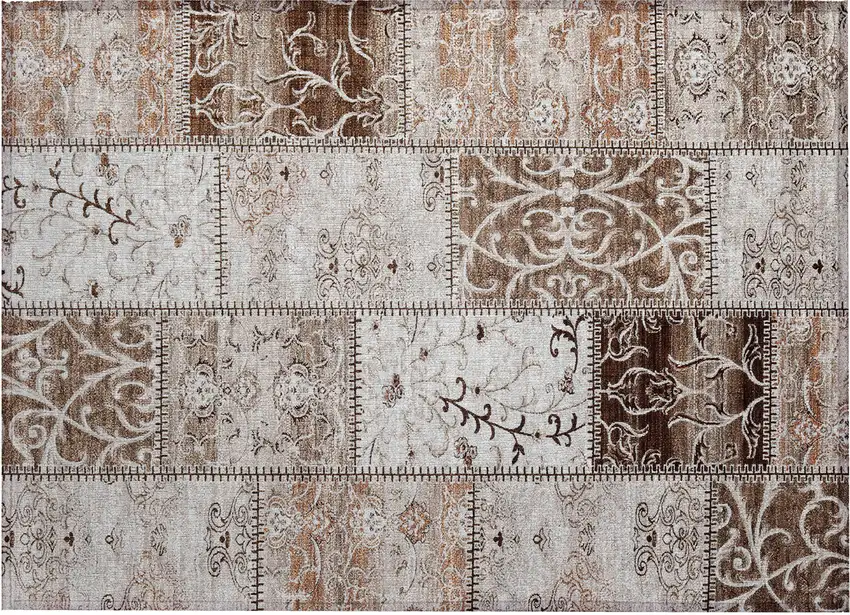 Taupe and Ivory Patchwork Washable Non Skid Indoor Outdoor Area Rug Photo 2