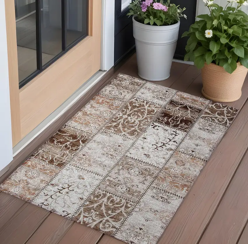 Taupe and Ivory Patchwork Washable Non Skid Indoor Outdoor Area Rug Photo 1