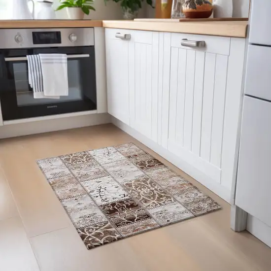 Taupe and Ivory Patchwork Washable Non Skid Indoor Outdoor Area Rug Photo 9
