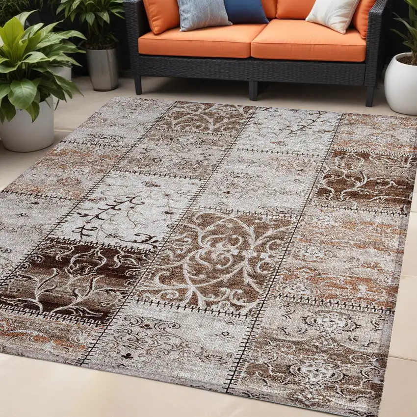 Taupe and Ivory Patchwork Washable Non Skid Indoor Outdoor Area Rug Photo 1