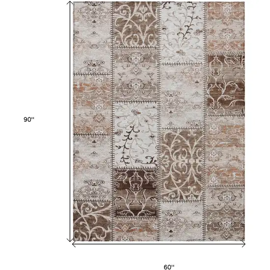Taupe and Ivory Patchwork Washable Non Skid Indoor Outdoor Area Rug Photo 3