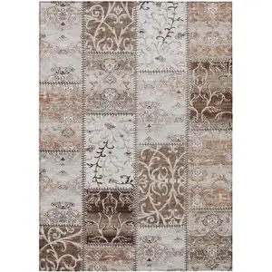 Photo of Taupe and Ivory Patchwork Washable Non Skid Indoor Outdoor Area Rug