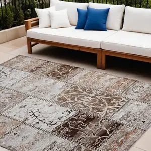 Photo of Taupe and Ivory Patchwork Washable Non Skid Indoor Outdoor Area Rug