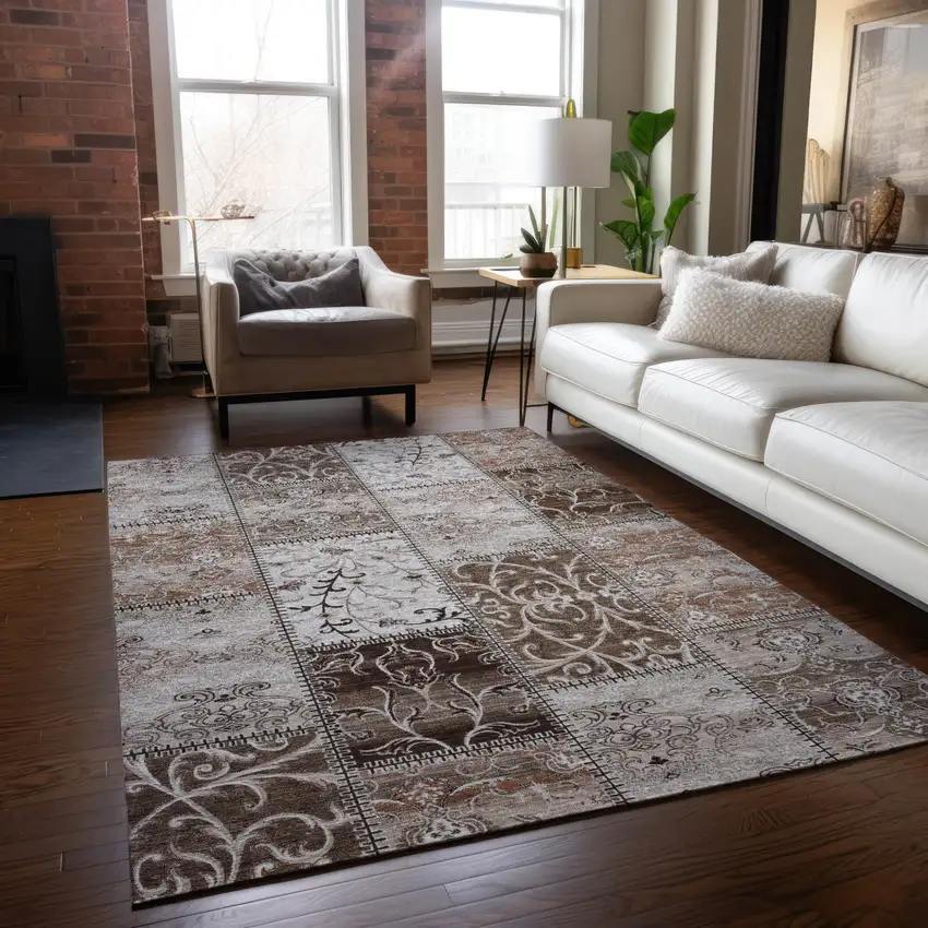 Taupe and Ivory Patchwork Washable Non Skid Indoor Outdoor Area Rug Photo 9