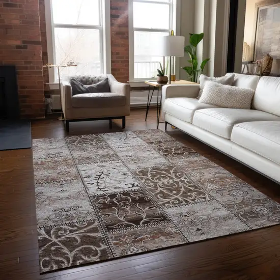 Taupe and Ivory Patchwork Washable Non Skid Indoor Outdoor Area Rug Photo 9