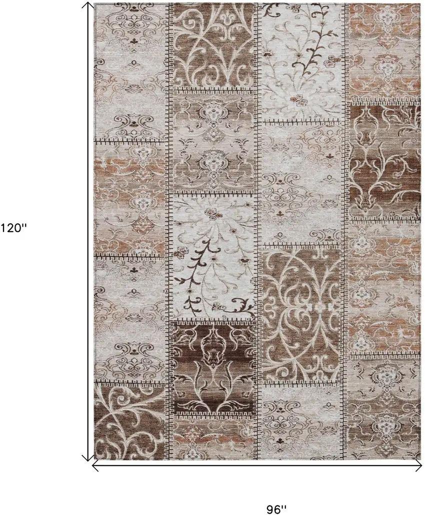 Taupe and Ivory Patchwork Washable Non Skid Indoor Outdoor Area Rug Photo 3