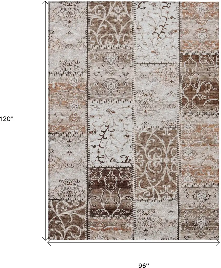 Taupe and Ivory Patchwork Washable Non Skid Indoor Outdoor Area Rug Photo 3