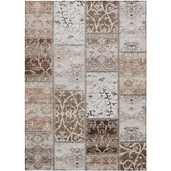 Taupe and Ivory Patchwork Washable Non Skid Indoor Outdoor Area Rug Photo 5