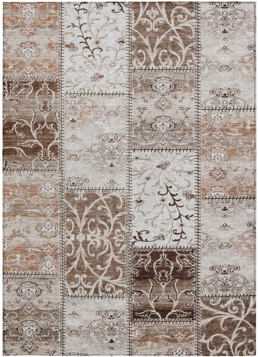 Taupe and Ivory Patchwork Washable Non Skid Indoor Outdoor Area Rug Photo 5