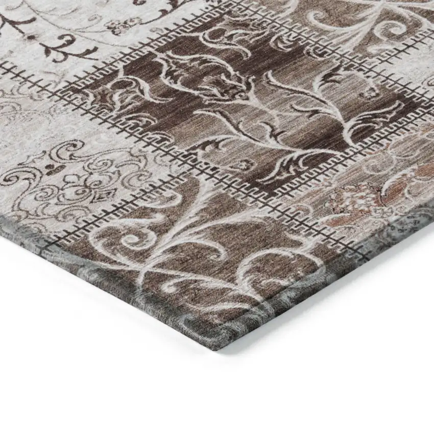 Taupe and Ivory Patchwork Washable Non Skid Indoor Outdoor Area Rug Photo 7