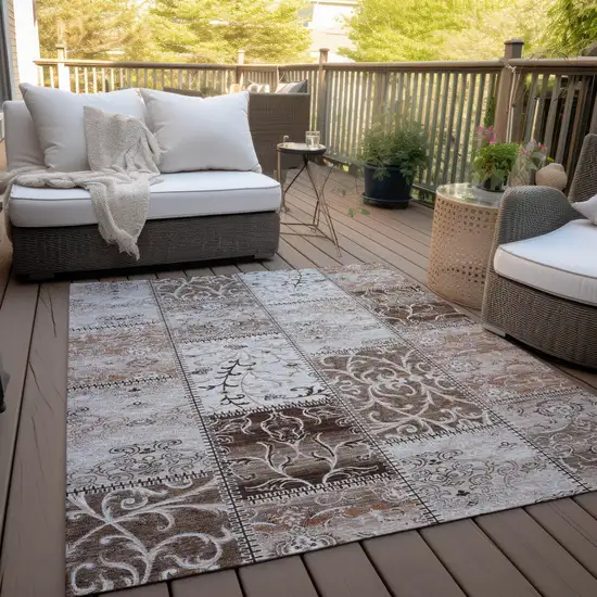 Taupe and Ivory Patchwork Washable Non Skid Indoor Outdoor Area Rug Photo 8