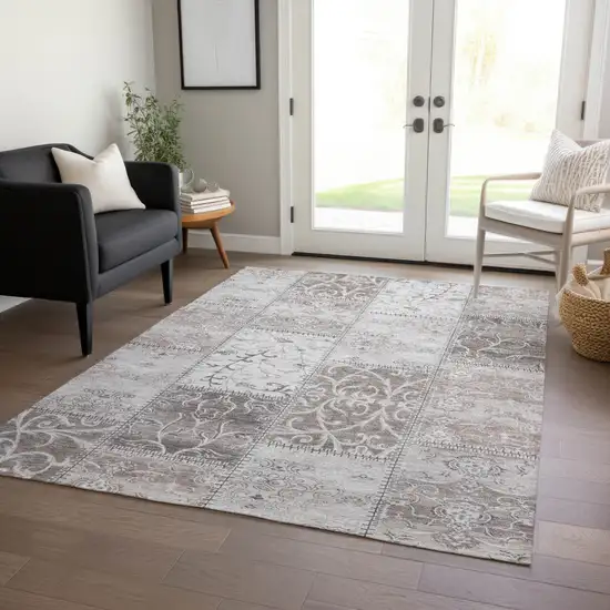 Taupe and Ivory Patchwork Washable Non Skid Indoor Outdoor Area Rug Photo 9