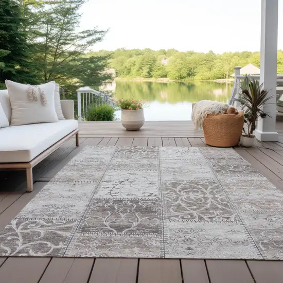 Taupe and Ivory Patchwork Washable Non Skid Indoor Outdoor Area Rug Photo 8