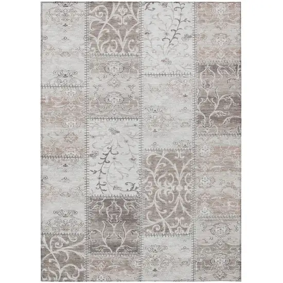 Taupe and Ivory Patchwork Washable Non Skid Indoor Outdoor Area Rug Photo 2