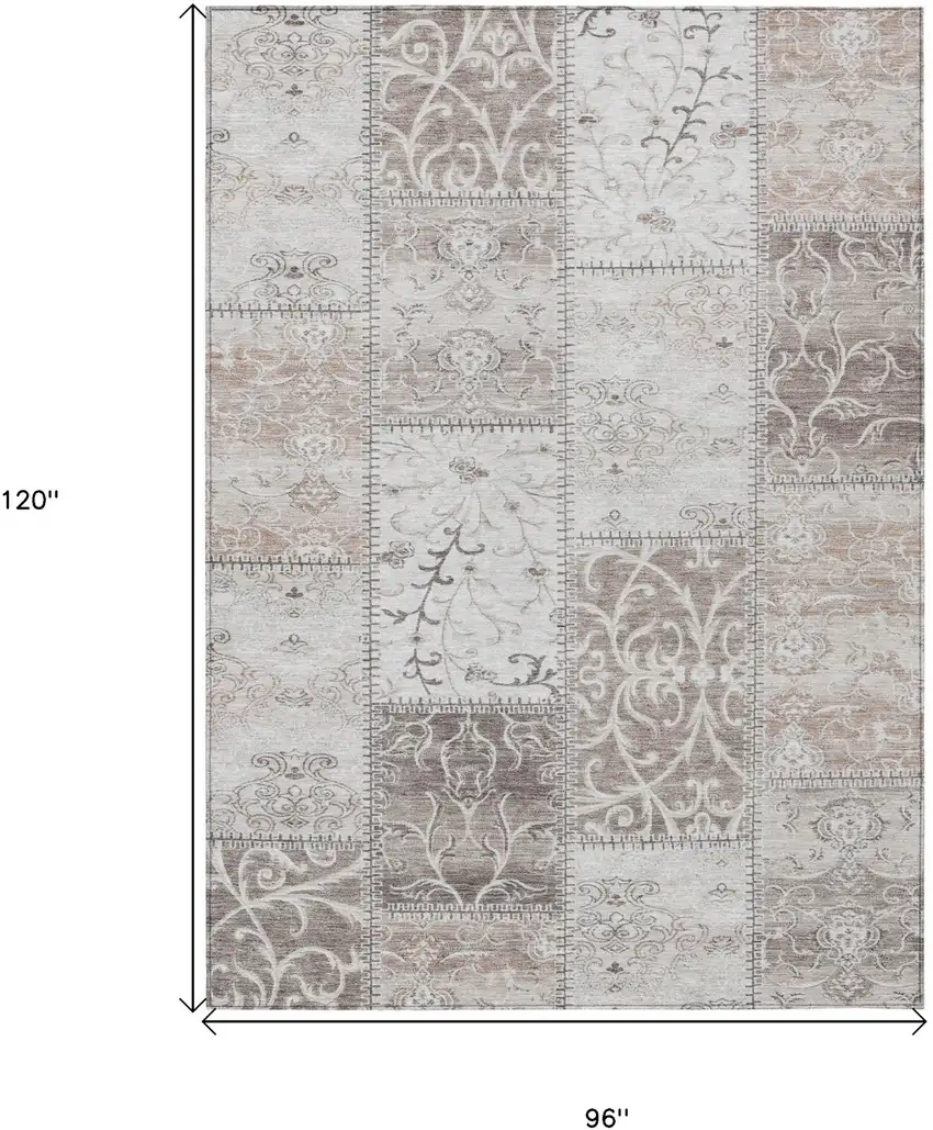 Taupe and Ivory Patchwork Washable Non Skid Indoor Outdoor Area Rug Photo 3