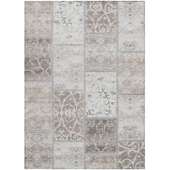 Taupe and Ivory Patchwork Washable Non Skid Indoor Outdoor Area Rug Photo 4