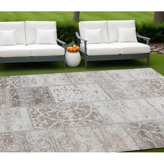 Taupe and Ivory Patchwork Washable Non Skid Indoor Outdoor Area Rug Photo 1