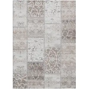 Photo of Taupe and Ivory Patchwork Washable Non Skid Indoor Outdoor Area Rug