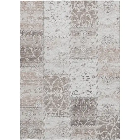 Taupe and Ivory Patchwork Washable Non Skid Indoor Outdoor Area Rug Photo 4