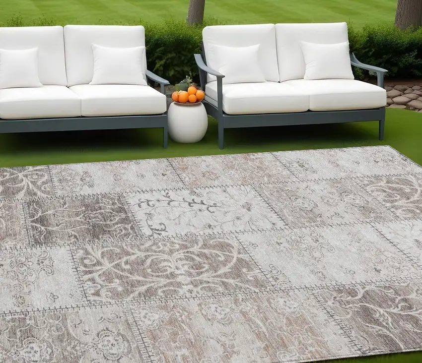 Taupe and Ivory Patchwork Washable Non Skid Indoor Outdoor Area Rug Photo 1