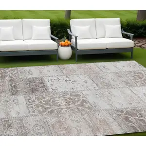 Photo of Taupe and Ivory Patchwork Washable Non Skid Indoor Outdoor Area Rug