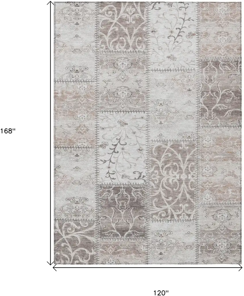Taupe and Ivory Patchwork Washable Non Skid Indoor Outdoor Area Rug Photo 3