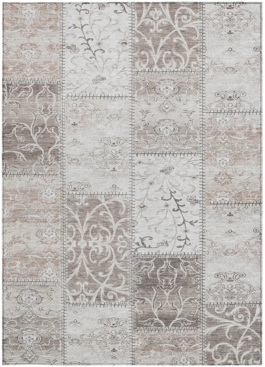 Taupe and Ivory Patchwork Washable Non Skid Indoor Outdoor Area Rug Photo 5