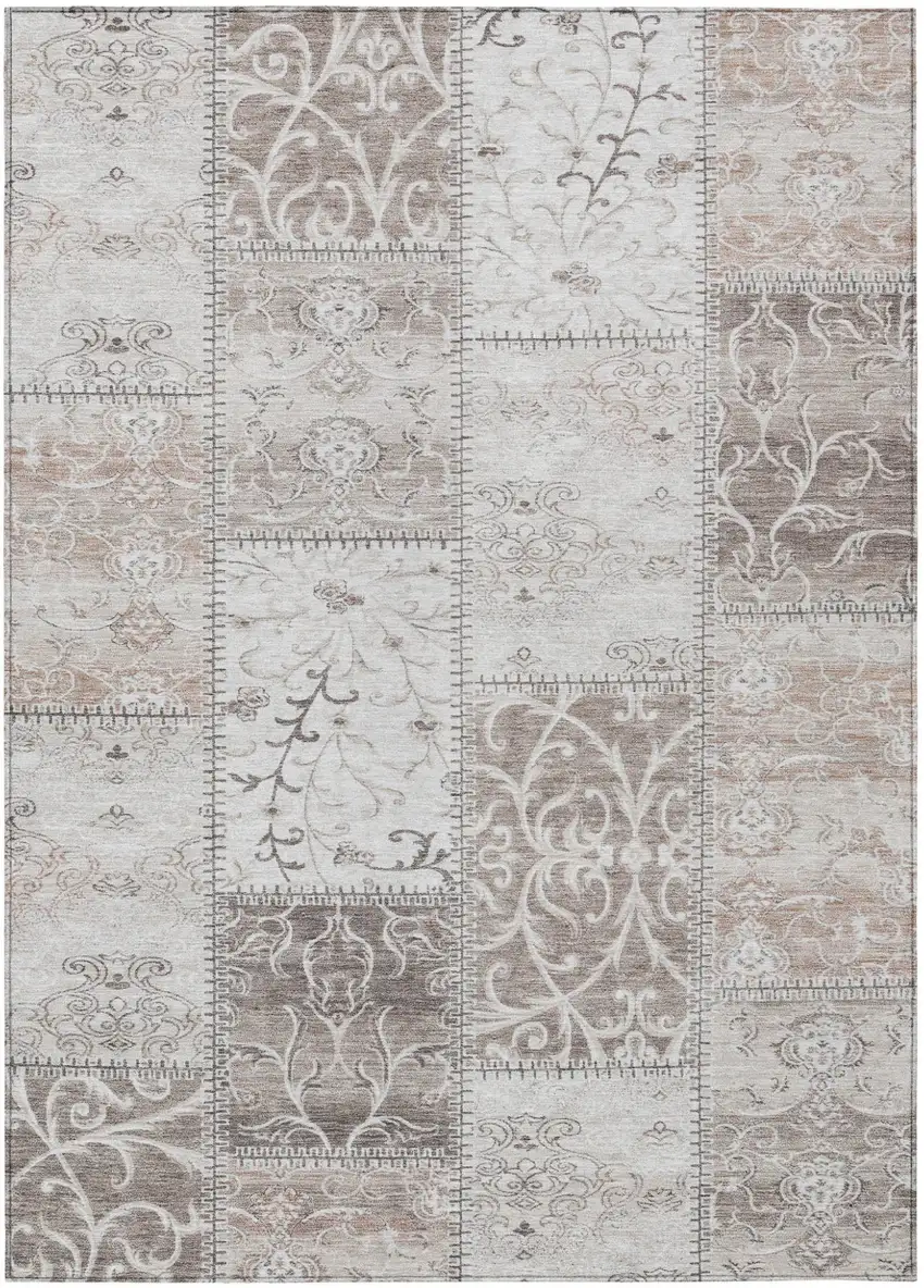 Taupe and Ivory Patchwork Washable Non Skid Indoor Outdoor Area Rug Photo 2