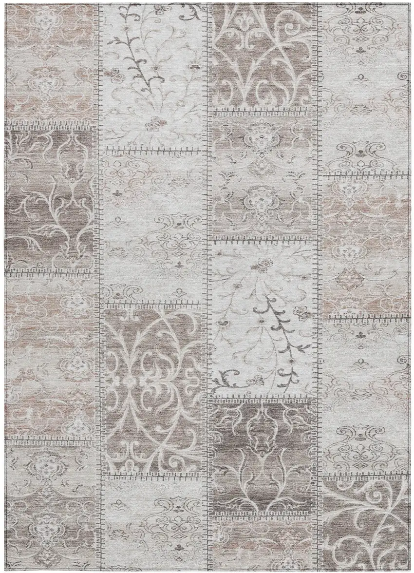 Taupe and Ivory Patchwork Washable Non Skid Indoor Outdoor Area Rug Photo 4