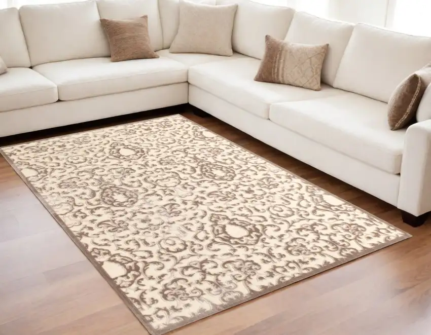 Taupe and Tan Floral Power Loom Area Rug Photo 1