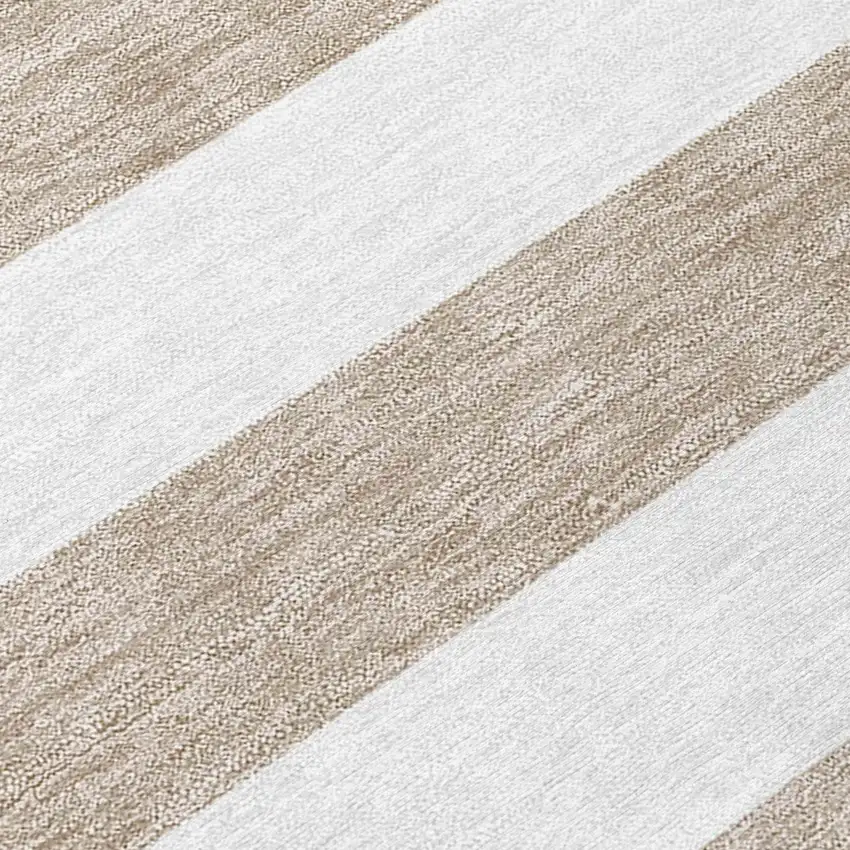 Taupe and White Striped Washable Non Skid Indoor Outdoor Area Rug Photo 9
