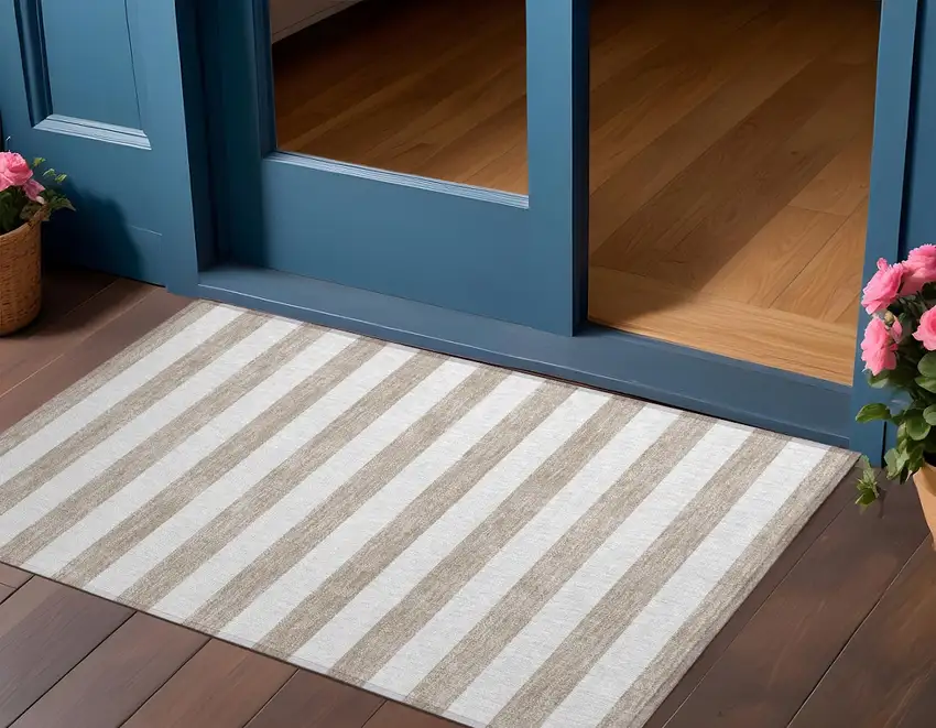 Taupe and White Striped Washable Indoor Outdoor Area Rug Photo 1