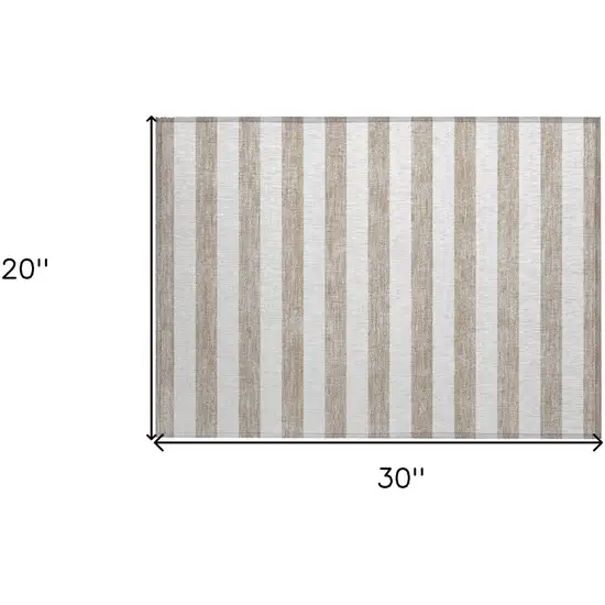 Taupe and White Striped Washable Indoor Outdoor Area Rug Photo 3