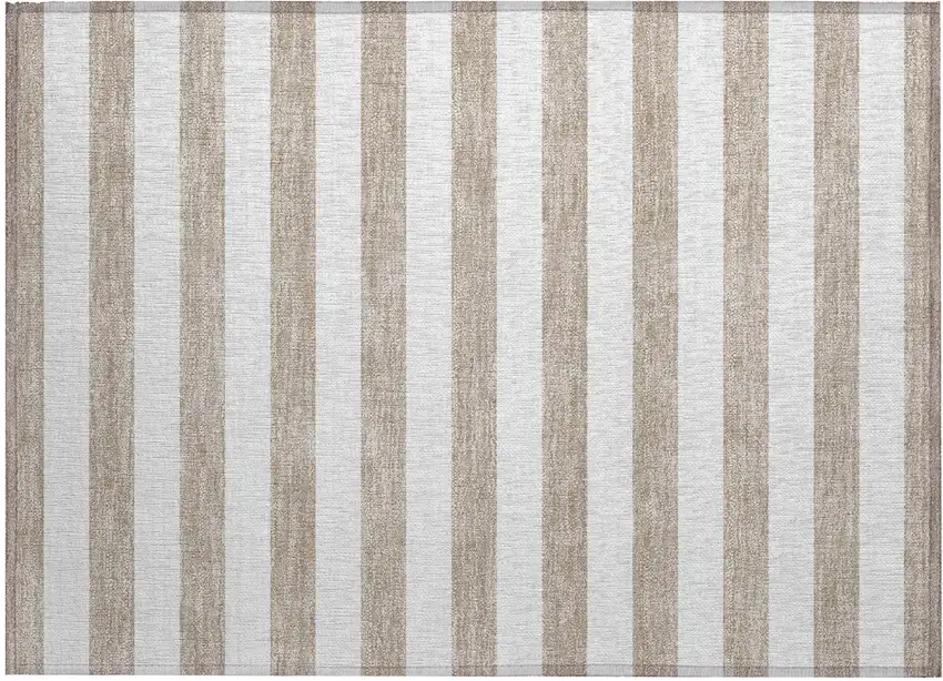 Taupe and White Striped Washable Indoor Outdoor Area Rug Photo 2