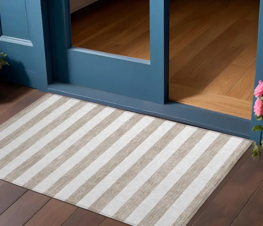 Taupe and White Striped Washable Indoor Outdoor Area Rug Photo 1