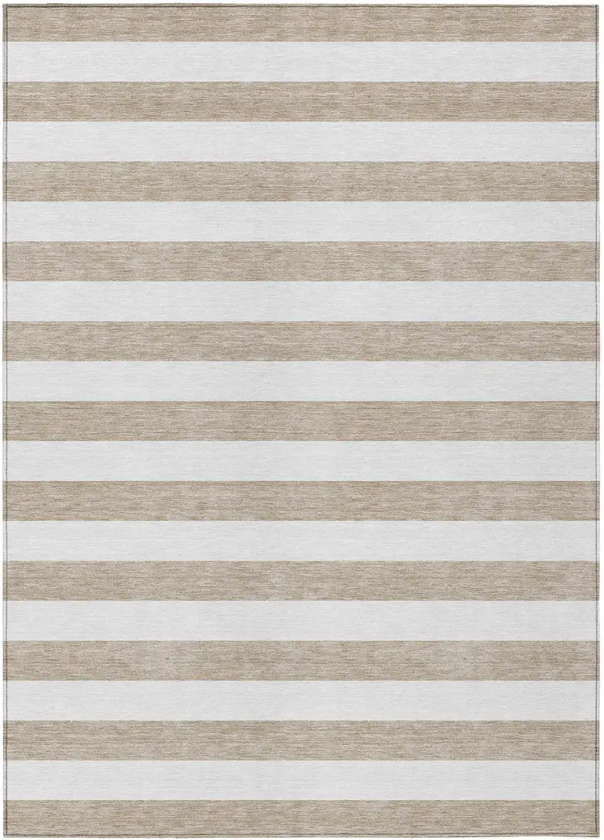 Taupe and White Striped Washable Indoor Outdoor Area Rug Photo 2