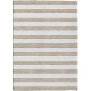 Photo of Taupe and White Striped Washable Non Skid Indoor Outdoor Area Rug