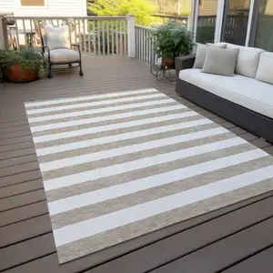 Photo of Taupe and White Striped Washable Non Skid Indoor Outdoor Area Rug