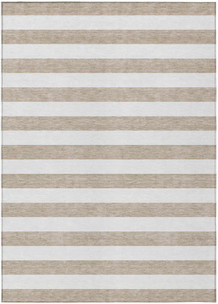 Taupe and White Striped Washable Indoor Outdoor Area Rug Photo 2