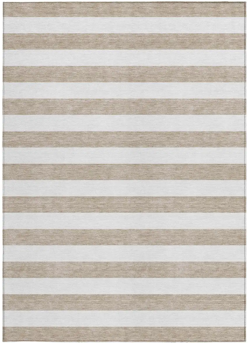 Taupe and White Striped Washable Non Skid Indoor Outdoor Area Rug Photo 2