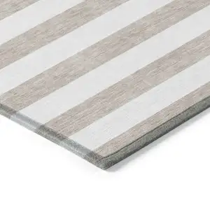 Photo of Taupe and White Striped Washable Non Skid Indoor Outdoor Area Rug