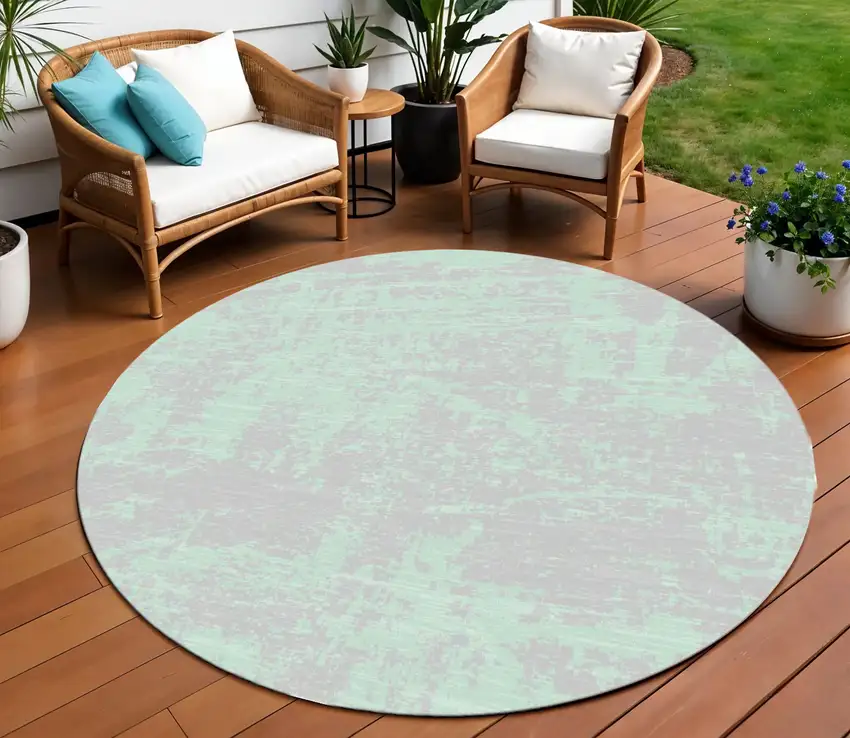 Blue and Green Round Abstract Indoor Outdoor Area Rug Photo 1