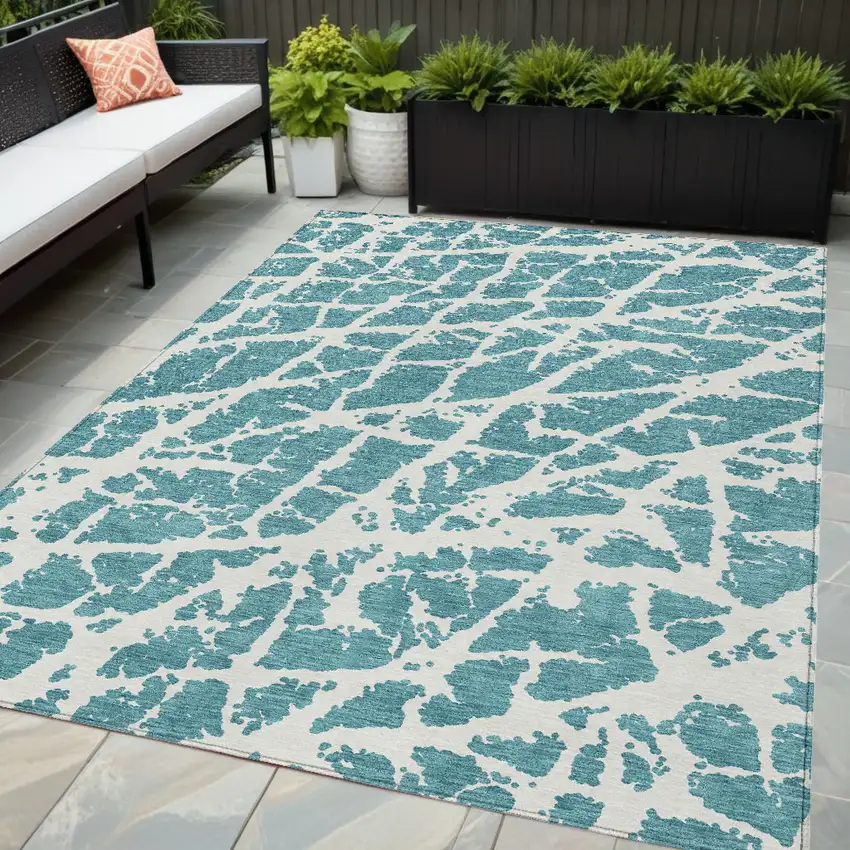 Teal Abstract Washable Non Skid Indoor Outdoor Area Rug Photo 1