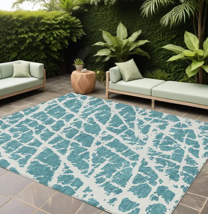 Teal Abstract Washable Non Skid Indoor Outdoor Area Rug Photo 1