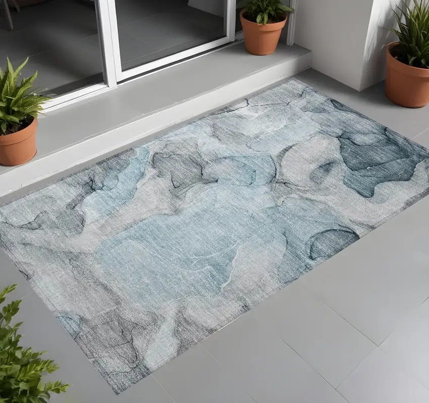 Teal Abstract Washable Non Skid Indoor Outdoor Area Rug Photo 1