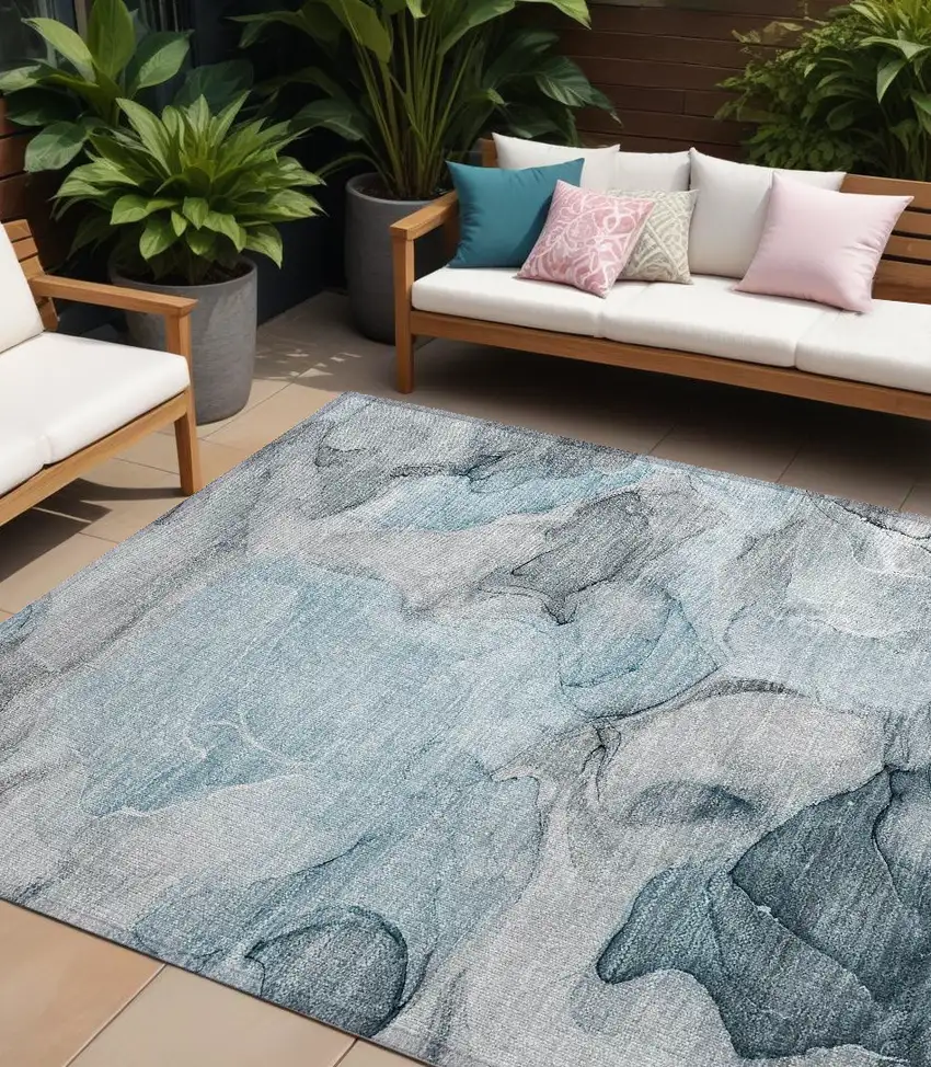 Teal Abstract Washable Non Skid Indoor Outdoor Area Rug Photo 1