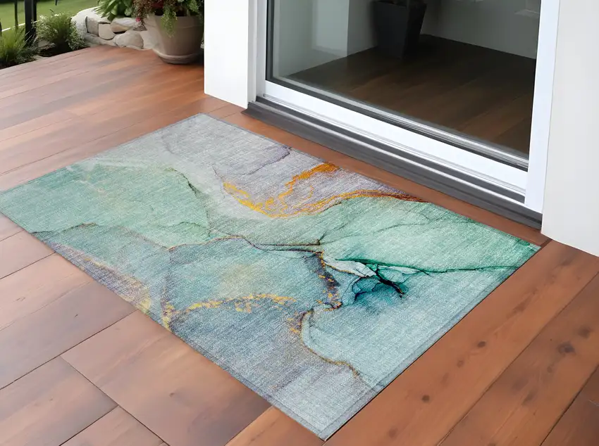 Teal Abstract Washable Non Skid Indoor Outdoor Area Rug Photo 1